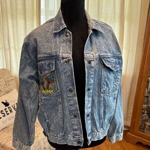 Vintage Blue Denim Jean Jacket with Hand Painted mushroom Design